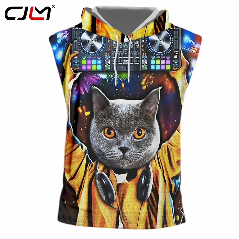 

CJLM Unisex Hip Hop Punk Tanks Summer 3d Printed Music Cat Tank Top With Hood Women/men's Sleeveless Vest Pullovers Whosale