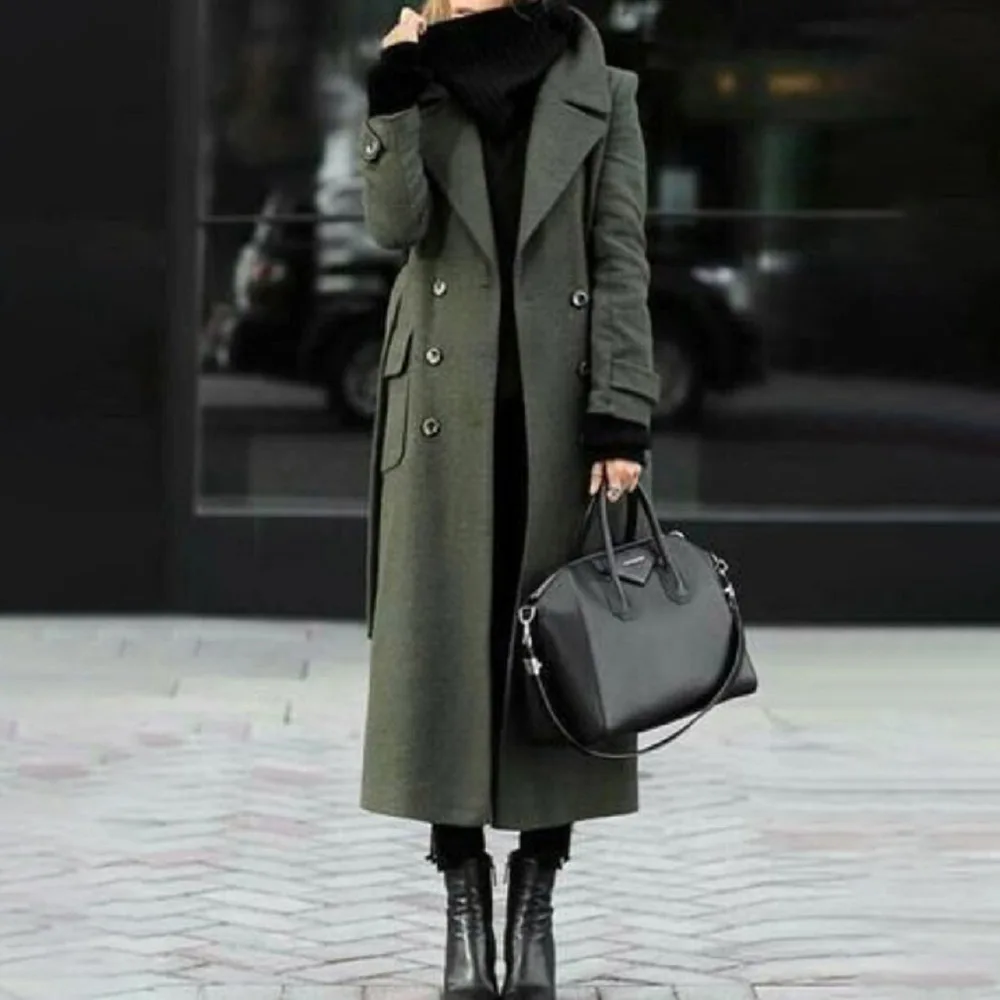 

Женское двубортное пальто, длинное однотонное облегающее пальто с лацканами в стиле пэчворк, Элегантное повседневное офисное пальто для зи...