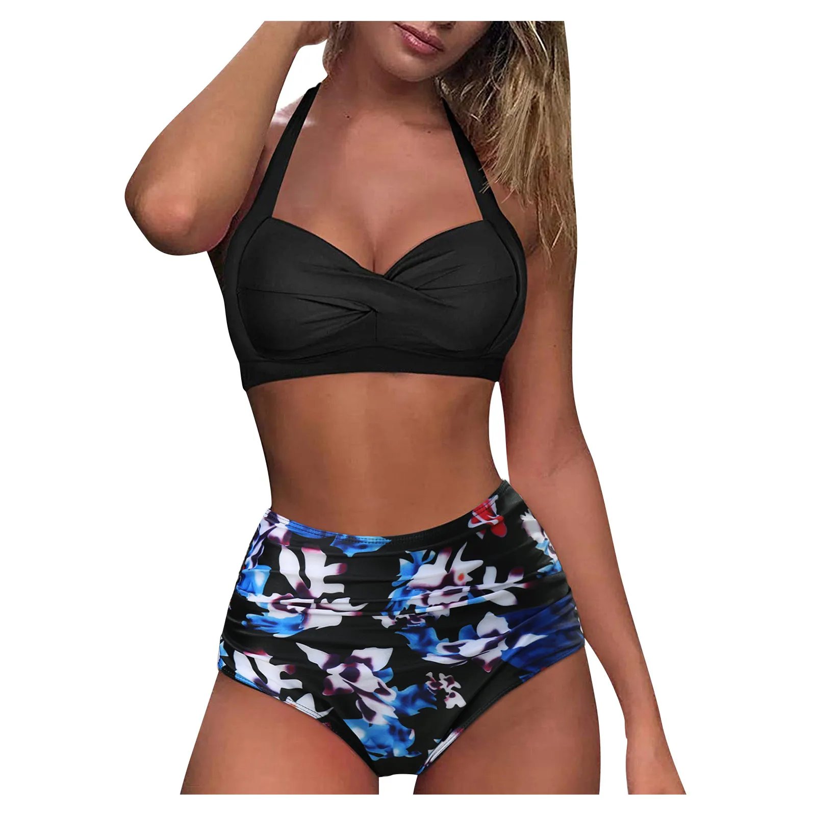 

Women Sexy Bikini Swimming Set Vintage Two Piece Swimsuit Swimwer Retro Halter Ruched High Waist Print Bikini Set Trikini