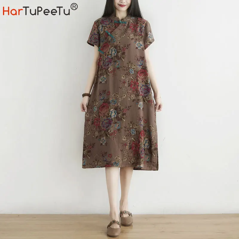 Vintage Floral Dress Midi Plus Size Women Summer Chinese Style Qi Pao Cotton Line Irregular Side Split Plain Brown Loose Vestido
Vintage Floral Dress Midi Plus Size Women Summer Chinese Style Qi Pao Cotton Line Irregular Side Split Plain Brown Loose Vestido