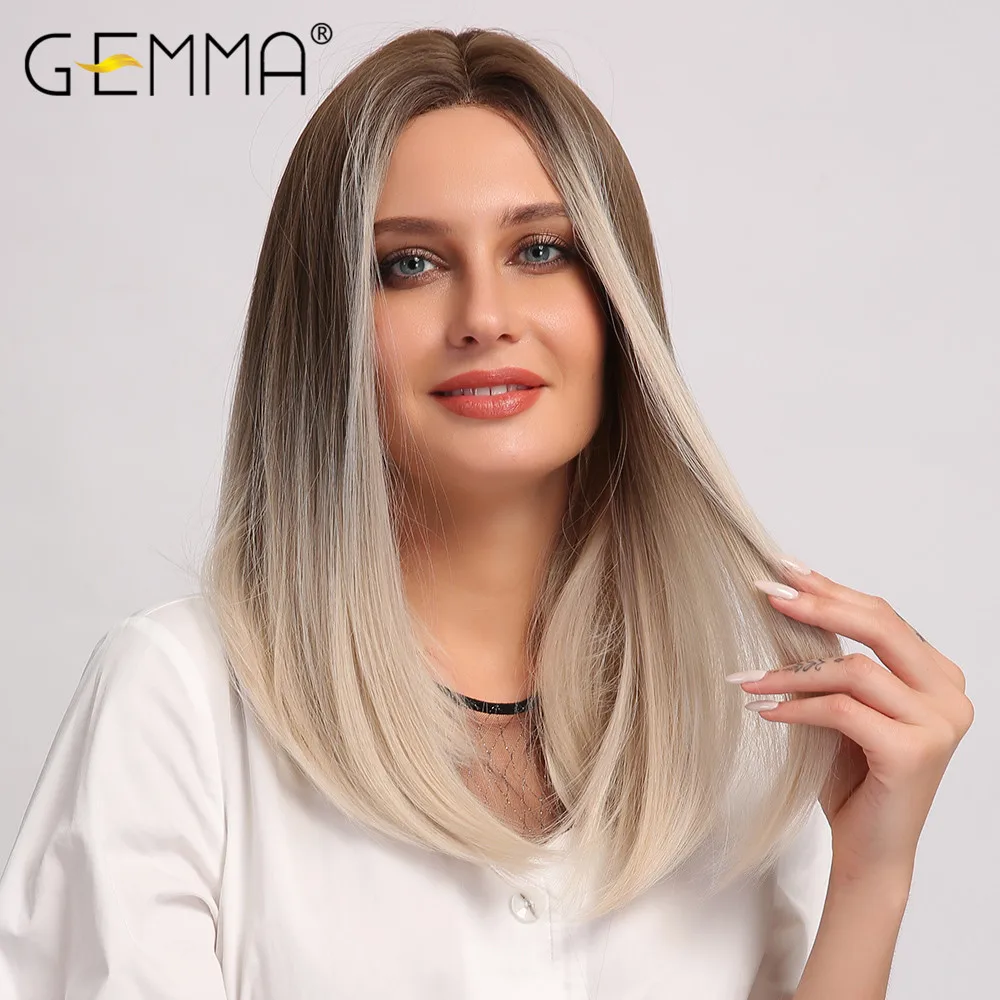 GEMMA прямой Средний Боб Синтетический парик для женщин средней части Омбре черный