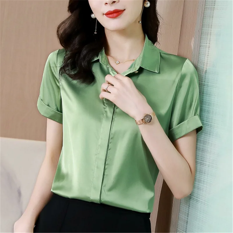 Women's Shirt Solid Button Blouse for Women Satin Office Lady Short Sleeve Shirts Green Polo Neck Blouse Female 2021 Woman Shirt
Women's Shirt Solid Button Blouse for Women Satin Office Lady Short Sleeve Shirts Green Polo Neck Blouse Female 2021 Woman Shirt