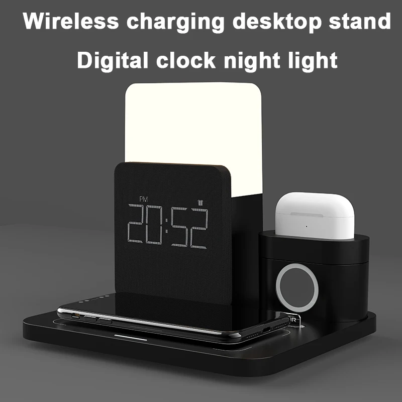 Быстрое беспроводное зарядное устройство Qi настольная лампа с будильником для Apple Iwatch Airpods 3 в 1