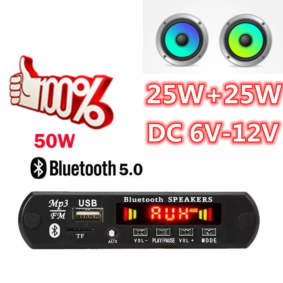 6V-12V 50W amplifier MP3 Player Decoder Board 6V-12V Bluetooth 5.0 Car FM Radio Module Support TF USB AUX
6V-12V 50W amplifier MP3 Player Decoder Board 6V-12V Bluetooth 5.0 Car FM Radio Module Support TF USB AUX