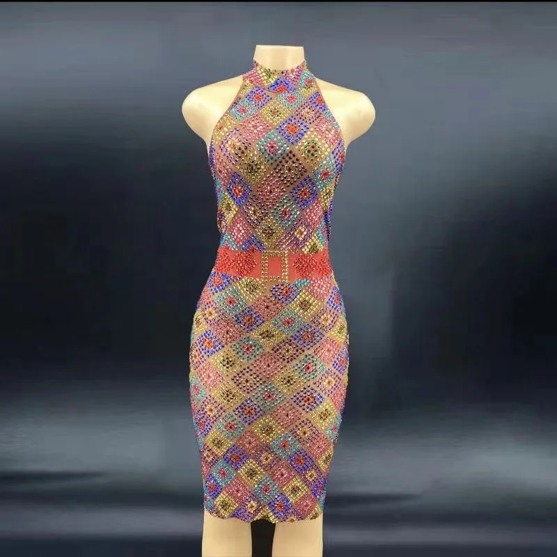 Красочные Rhinstones облегающие узкие бедра Холтер Африканское платье shiningstar день