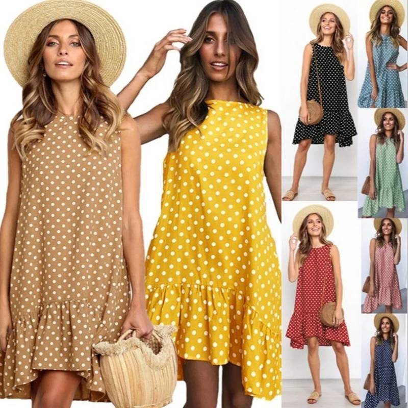 1189 Fashion ladies' new super hot round neck sleeveless polka dot loose big hem ruffle dress
1189 Fashion ladies' new super hot round neck sleeveless polka dot loose big hem ruffle dress