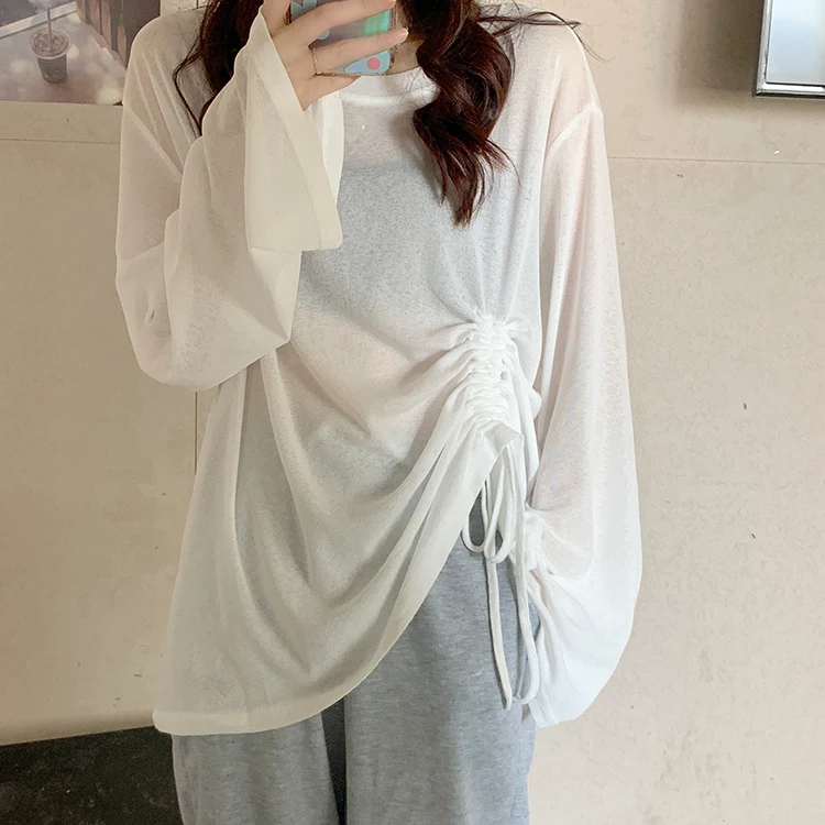 Summer Ice Silk Pullover with Breathable Long-sleeved Sunscreen Clothes Folds Drawstring Loose Korean Student T-shirt Tops Women
Summer Ice Silk Pullover with Breathable Long-sleeved Sunscreen Clothes Folds Drawstring Loose Korean Student T-shirt Tops Women