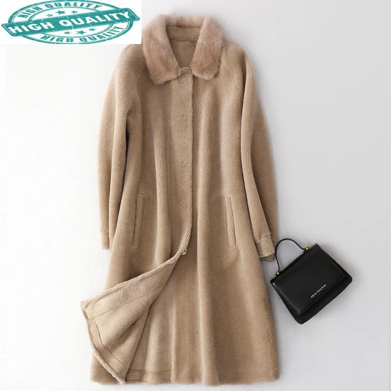 Winter Long Coat Women 100% Real Wool Jacket Mink Fur Collar Sheep Shearling Veste Fourrure Femme 2265
Winter Long Coat Women 100% Real Wool Jacket Mink Fur Collar Sheep Shearling Veste Fourrure Femme 2265