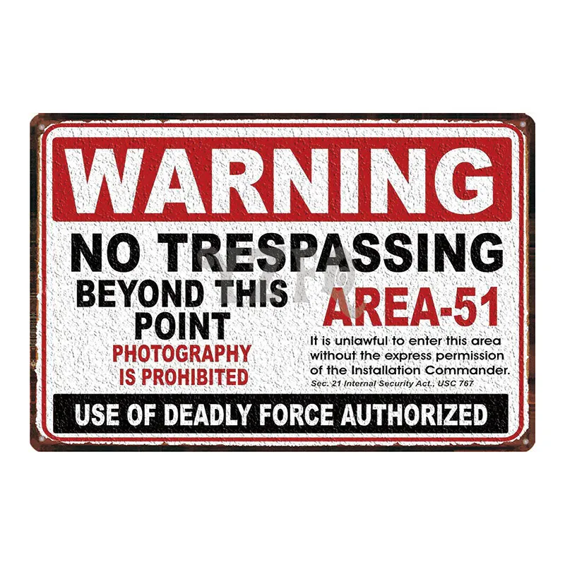 Area 51 Warninng No Trespassing Retro Metal Sign Wall kitchen Home Art Vintage Decor Metal Poster 30X20CM DU-2853
Area 51 Warninng No Trespassing Retro Metal Sign Wall kitchen Home Art Vintage Decor Metal Poster 30X20CM DU-2853