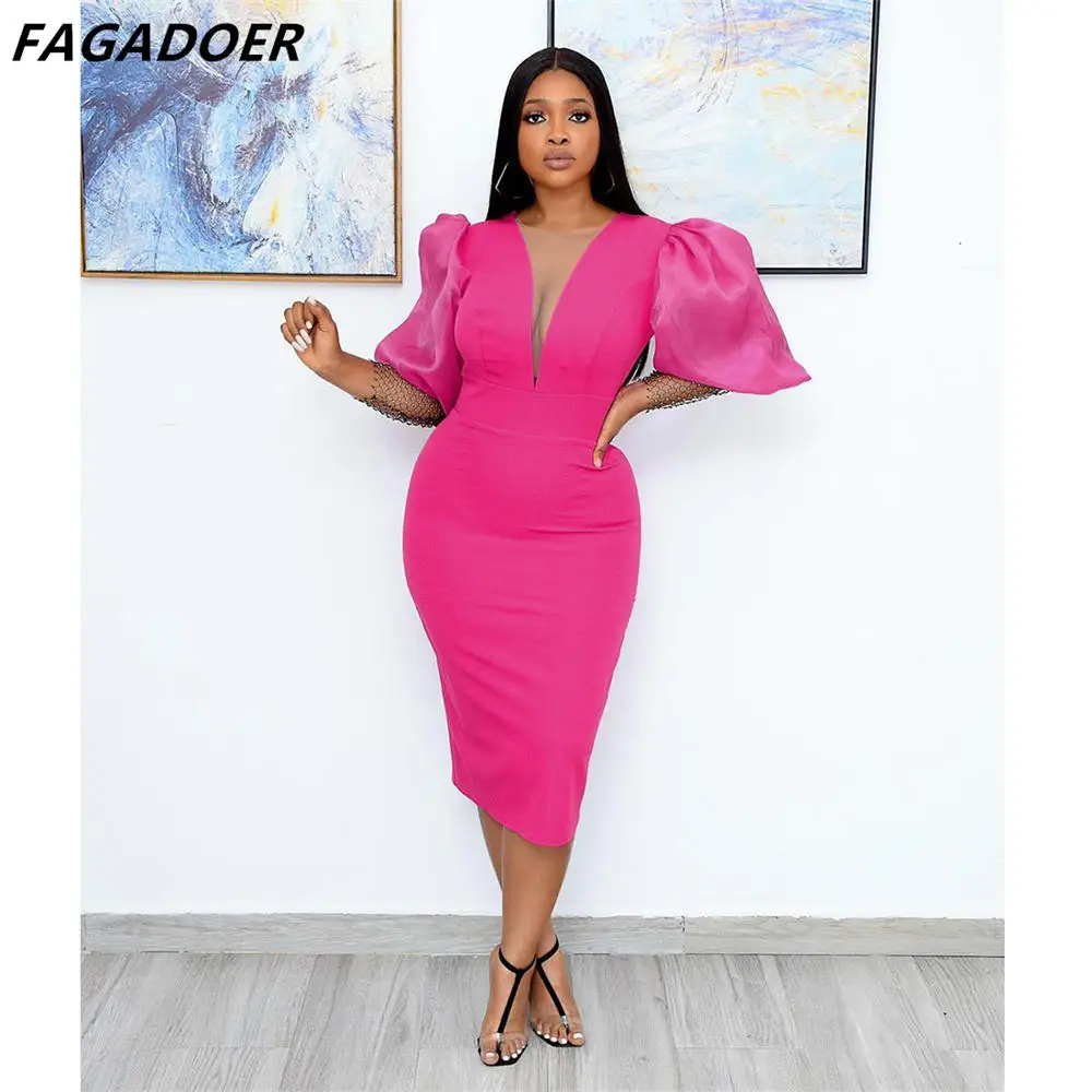 FAGADOER Rose Pink Elegant Party Women Dress Sexy Deep V Puff Sleeve Dresses Bodycon Midi Evening Dress Fashion Female Vestidos
FAGADOER Rose Pink Elegant Party Women Dress Sexy Deep V Puff Sleeve Dresses Bodycon Midi Evening Dress Fashion Female Vestidos