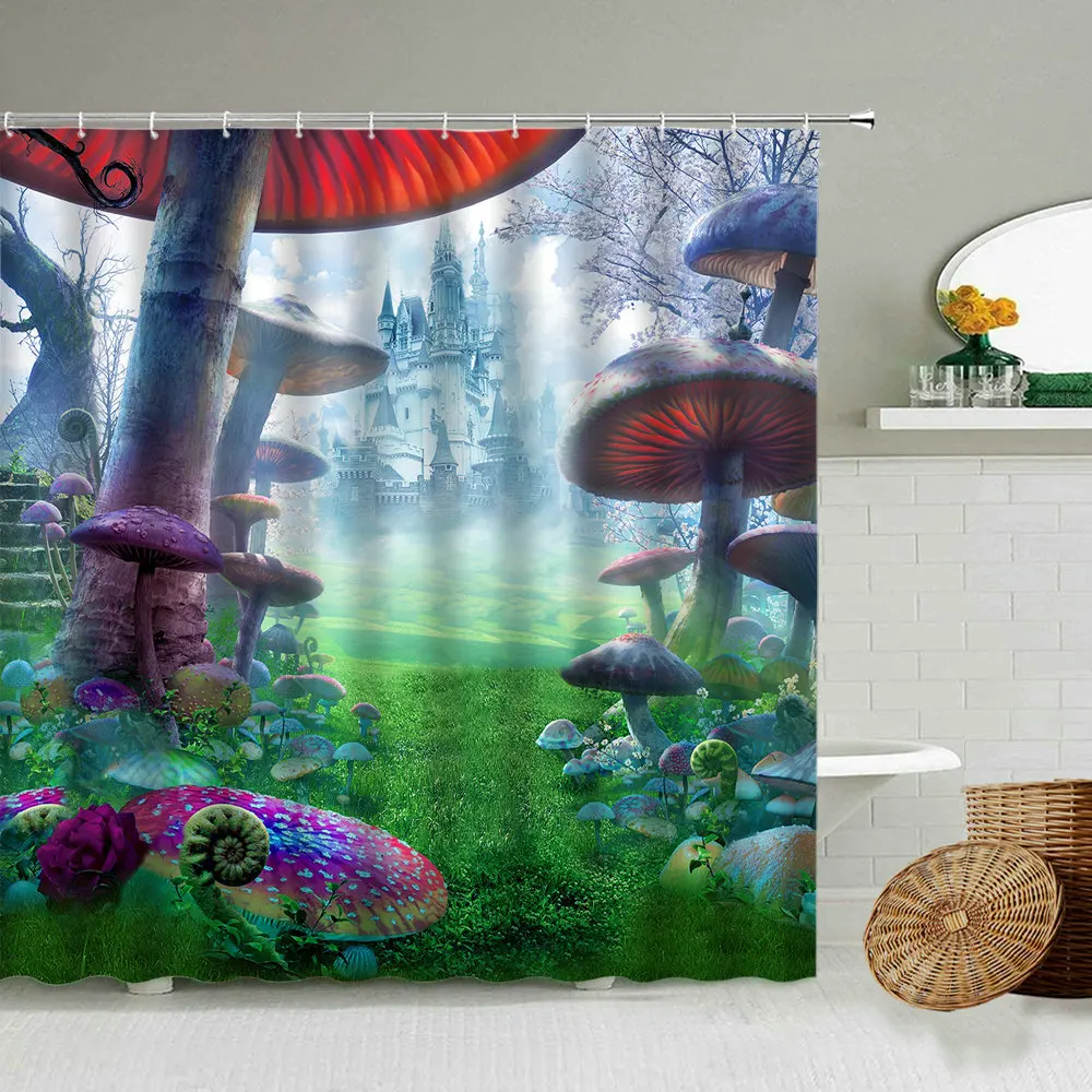 

Cartoon Fantasy Castle Mushroom Fairy Tale Forest Shower Curtain Flower Lawn Children Bathroom Blackout Waterproof Cloth Screen