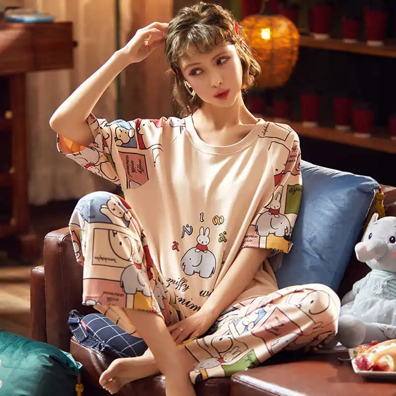 Summer New Pajamas Women's Short Sleeve Trousers Pullover Round Neck Home Wear Fashion Home Wear Suit home clothing
Summer New Pajamas Women's Short Sleeve Trousers Pullover Round Neck Home Wear Fashion Home Wear Suit home clothing