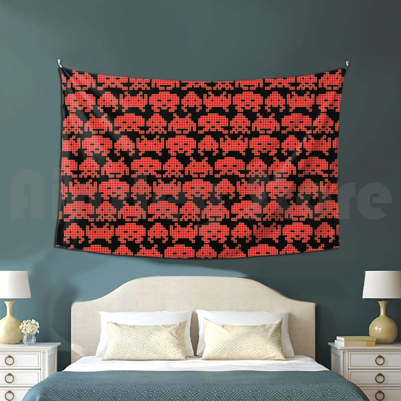 

Invaded Tapestry Living Room Bedroom Space Invader Game Gaming Retro 80s Computer Pixel Cube Cubic Geometric Invasion