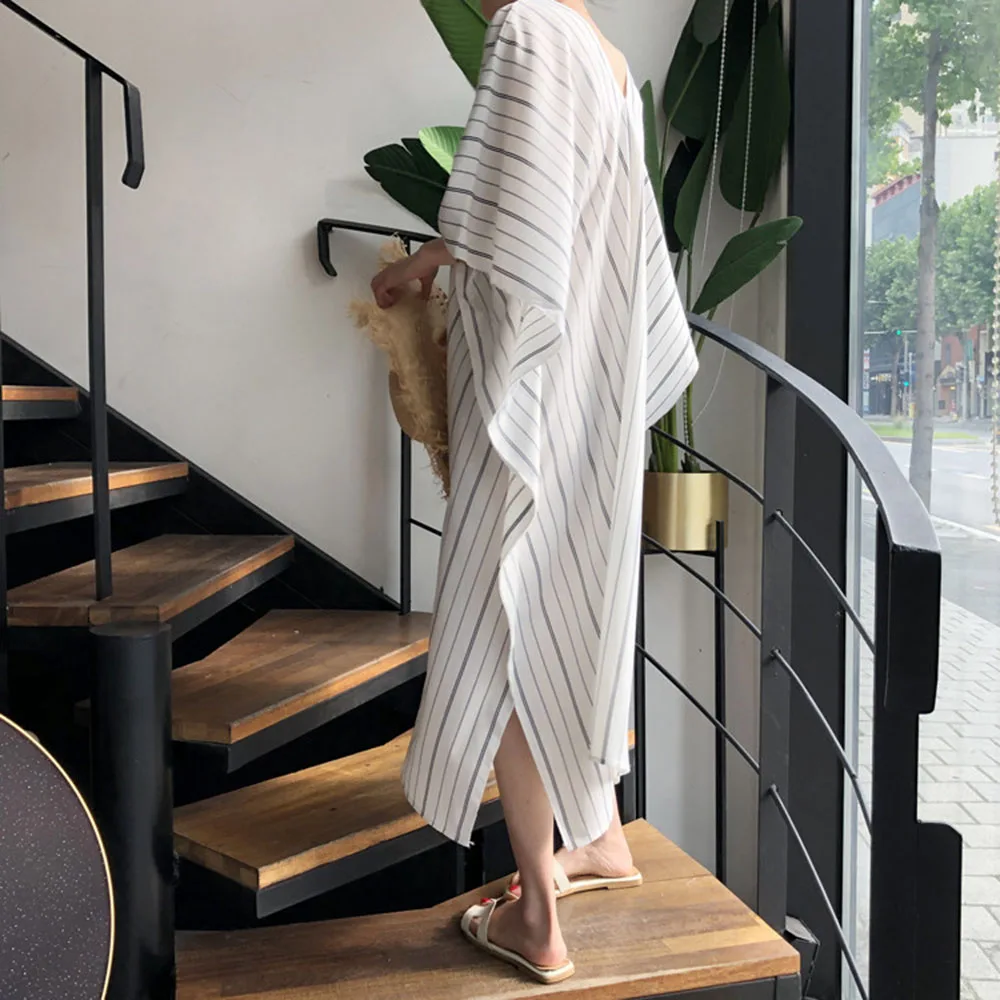 Summer New Style Japanese Style Loose V-neck Long Striped Women's Dress Casual Temperament Simplicity Bat Sleeve 
Summer New Style Japanese Style Loose V-neck Long Striped Women's Dress Casual Temperament Simplicity Bat Sleeve