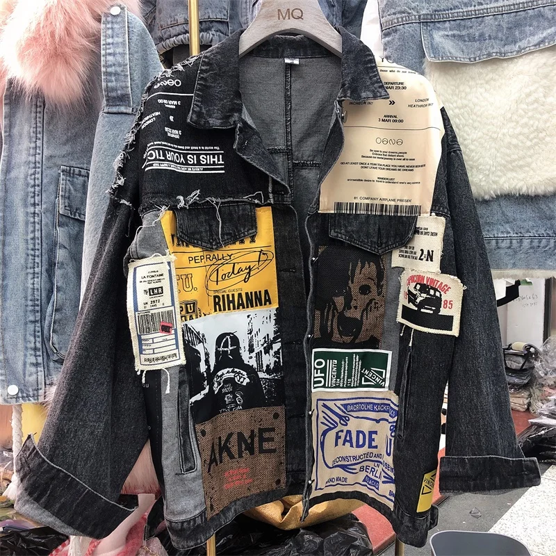Женская джинсовая куртка Harajuku черная Повседневная Свободная в стиле хип-хоп с
