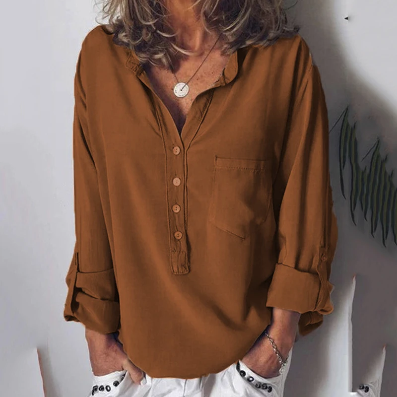 Female Long Sleeve Blouses Solid Loose Women Casual V-Neck Pocket Shirt Fashion Button 5 Colors Plus Size Tops Blouses Shirt
Female Long Sleeve Blouses Solid Loose Women Casual V-Neck Pocket Shirt Fashion Button 5 Colors Plus Size Tops Blouses Shirt