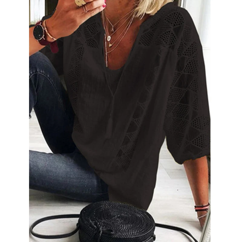 Women Blouse Summer Tops Three Quarter Sleeve Cut Out Lace Female Shirt 2021 Loose Casual Solid Pullover Thin Ladies Shirts
Women Blouse Summer Tops Three Quarter Sleeve Cut Out Lace Female Shirt 2021 Loose Casual Solid Pullover Thin Ladies Shirts