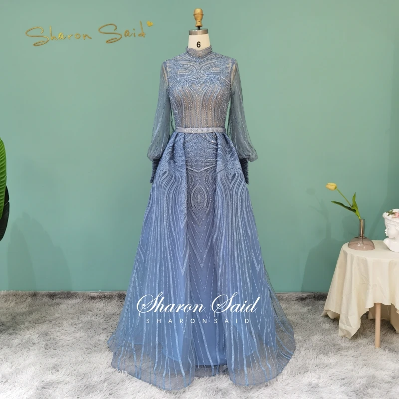Elegant Blue Overskirt Arabic Evening Dresses 2022 Luxury Crystal Long Sleeve Plus Size Muslim Formal Party Dress for Wedding 
Elegant Blue Overskirt Arabic Evening Dresses 2022 Luxury Crystal Long Sleeve Plus Size Muslim Formal Party Dress for Wedding