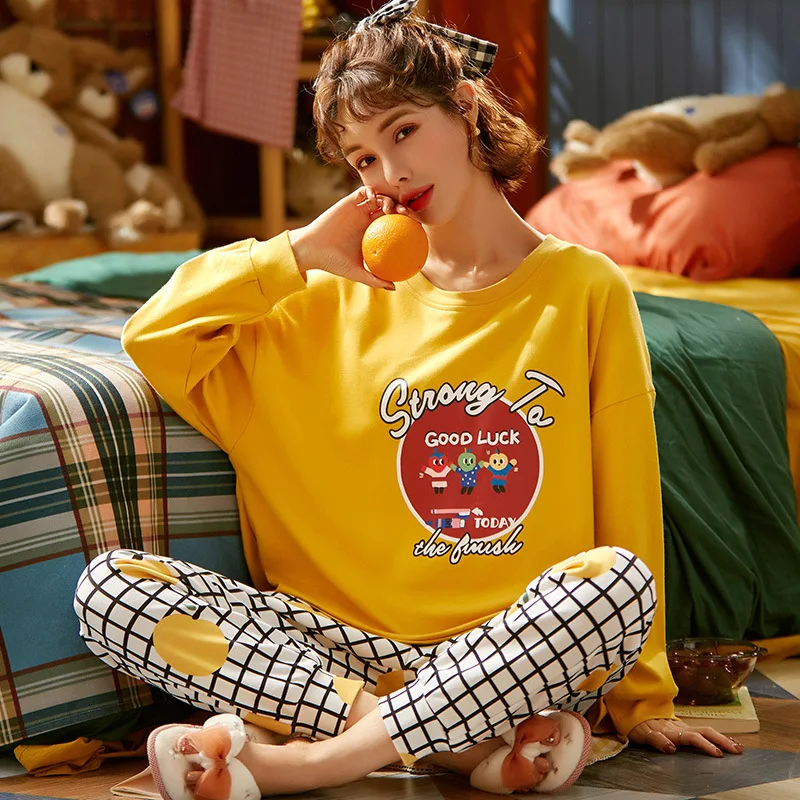 Women Pajama Set Women Cotton Pajamas Autumn Winter Long Sleeve Sleepwear Cute Cartoon Nightwear Yellow Plaid Trousers Home Suit
Women Pajama Set Women Cotton Pajamas Autumn Winter Long Sleeve Sleepwear Cute Cartoon Nightwear Yellow Plaid Trousers Home Suit