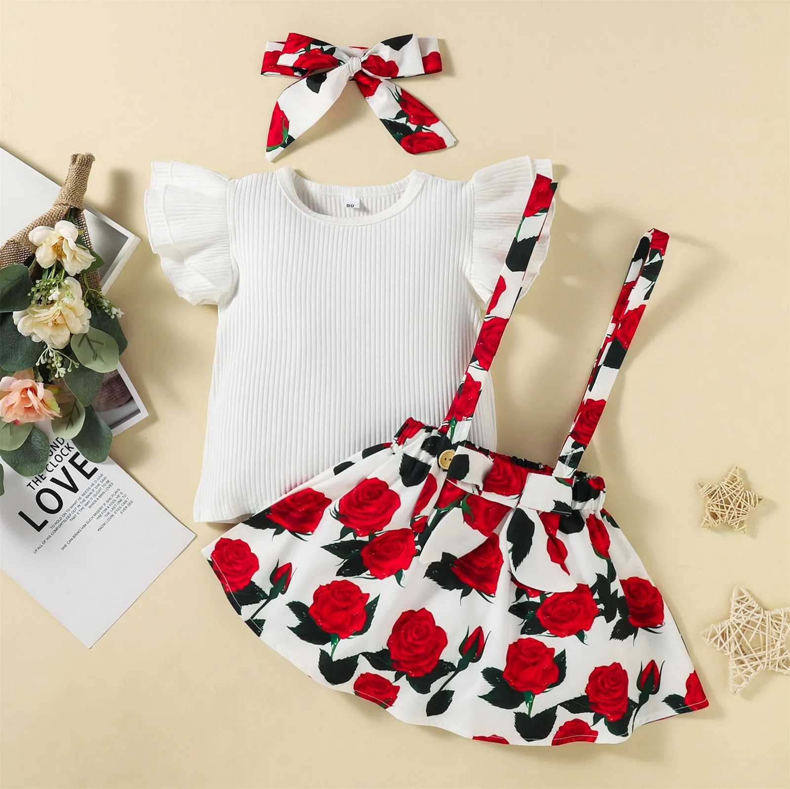 

3pcs Summer Toddler Girls Ribbed Clothing Set Ruffle Sleeve T shirt +Flower Suspender Skirts +Headband Fashion Girl Clothes 1-6Y