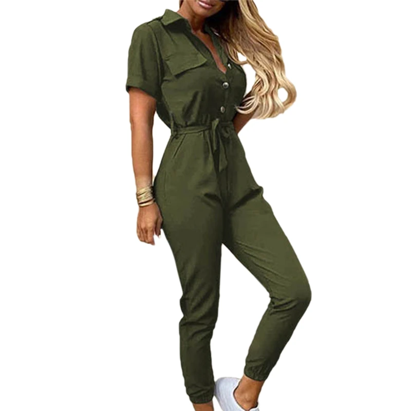 Elegant Jumpsuit Women Summer Deep V Neck Button Shirt Overalls Short Sleeve Office Lady One Piece Romper
Elegant Jumpsuit Women Summer Deep V Neck Button Shirt Overalls Short Sleeve Office Lady One Piece Romper
