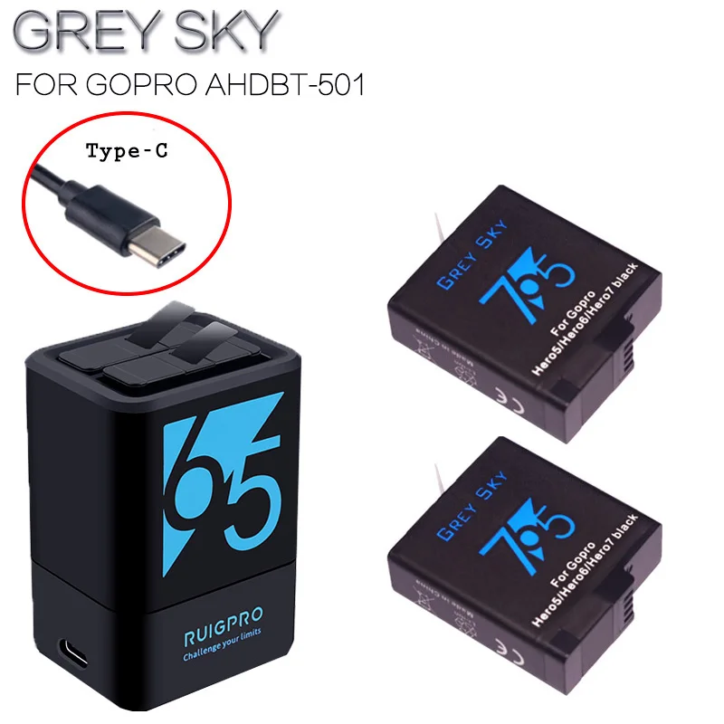 Для gopro hero 7 батарея + зарядное устройство для Go Pro Hero 6 5 черная AHDBT 501 Type C двойное