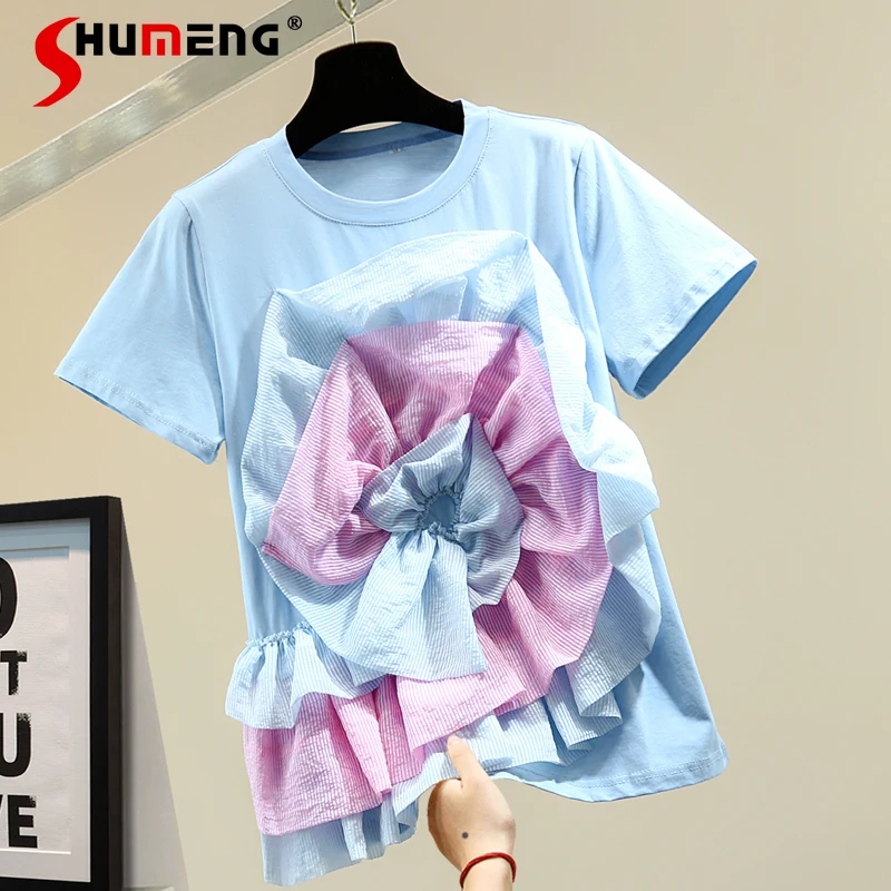 Женская футболка с коротким рукавом, Свободный пуловер в полоску, с цветочным принтом, в Корейском стиле, уникальный дизайн, лето 2021 
Женская футболка с коротким рукавом, Свободный пуловер в полоску, с цветочным принтом, в Корейском стиле, уникальный дизайн, лето 2021