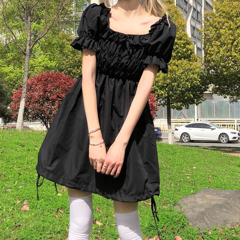 Summer Kawaii Soft Girl Lolita Dress Sweet Square Collar Bow Puff Sleeve Vintage Drawstring Dresses Black Folds Mini Dress Women
Summer Kawaii Soft Girl Lolita Dress Sweet Square Collar Bow Puff Sleeve Vintage Drawstring Dresses Black Folds Mini Dress Women