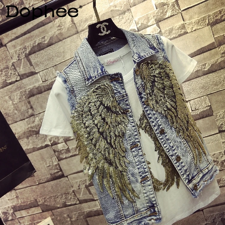 Wings Sequins Korean Style Sleeveless Denim Vest Women 2021 European Station Autumn Heavy Slim Slimming Waistcoat Jacket Coats
Wings Sequins Korean Style Sleeveless Denim Vest Women 2021 European Station Autumn Heavy Slim Slimming Waistcoat Jacket Coats