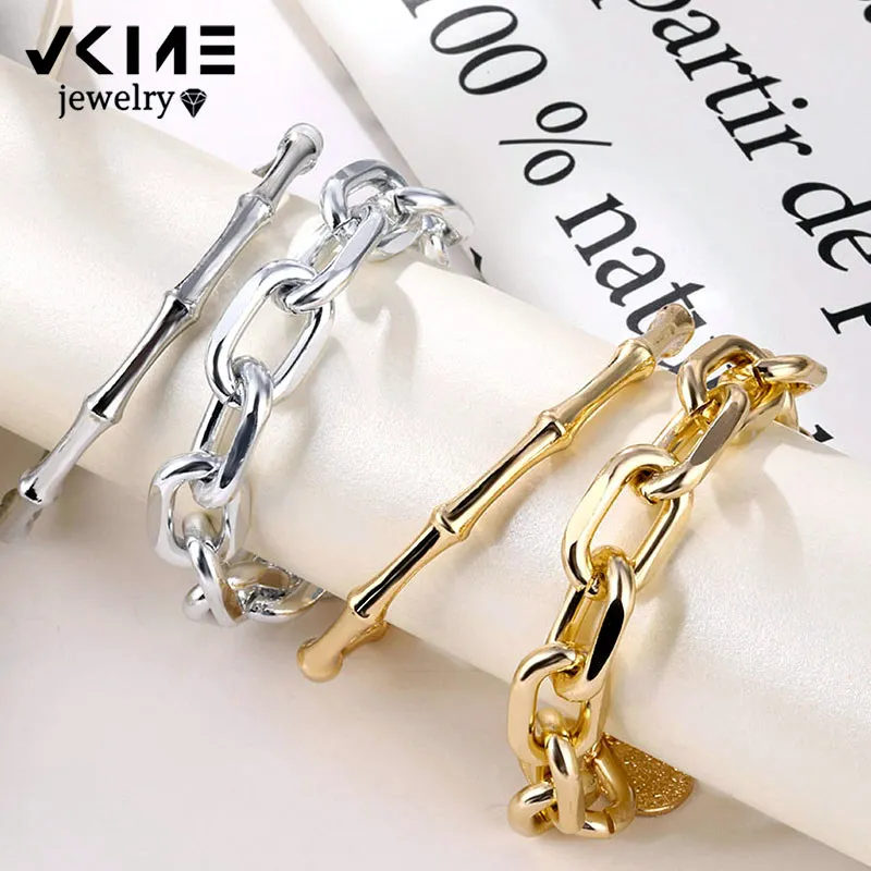 

VKME Punk Miami Curb Cuban Thick Bracelets Bangles Carved Coin Pendant Gold Color Chunky Bamboo Bracelet Jewelry