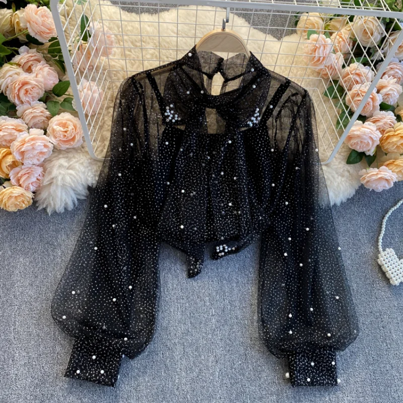 Women Flowers Lace Blouse Retro Beaded Shirts Lantern Sleeves Loose Fairy Net Yarn Perspective OL Crop 2021 Blusas Corset Tops 
Women Flowers Lace Blouse Retro Beaded Shirts Lantern Sleeves Loose Fairy Net Yarn Perspective OL Crop 2021 Blusas Corset Tops