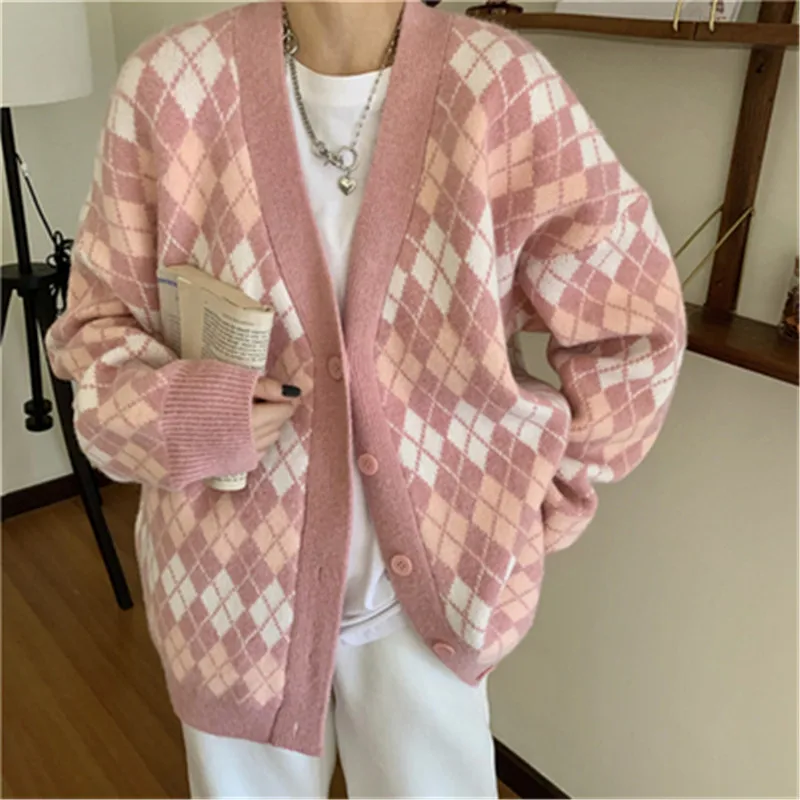 

Vintage Pink Plaid Knit Sweater Cardigan Women Korean Y2k Argyle Sweaters Female Casual Long Sleeve Loose Cardigans Knitwear Top
