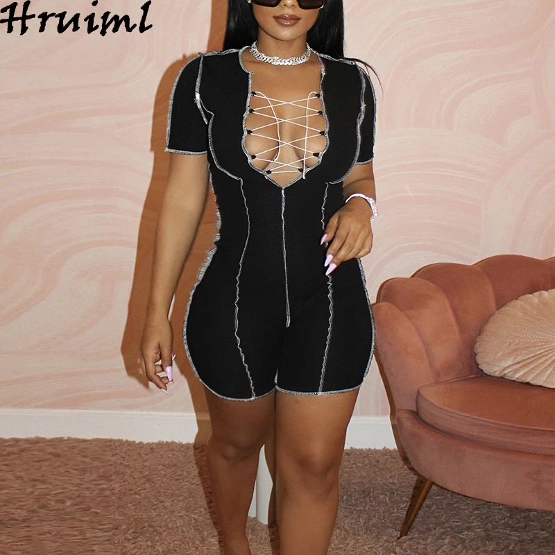 Romper Women Short Sleeve Black V Neck Criss-cross Lacing Up High Waist Summer Playsuit Party Streetwear Jumpsuits for Women
Romper Women Short Sleeve Black V Neck Criss-cross Lacing Up High Waist Summer Playsuit Party Streetwear Jumpsuits for Women