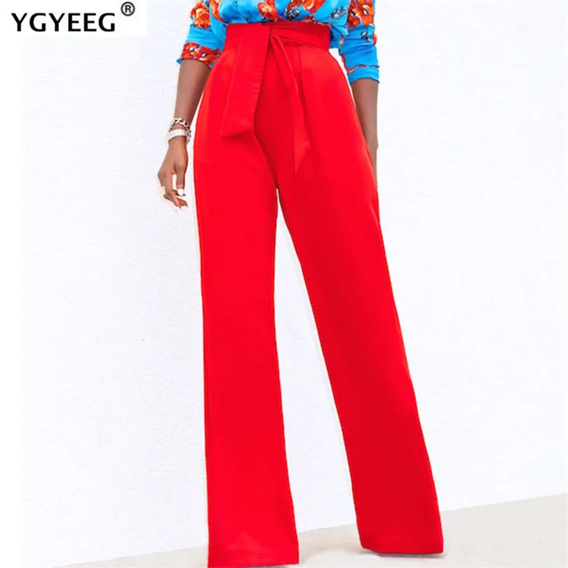 

YGYEEG Casual Frill Bow Belted Wide Leg Pants Office Lady Women Trouser High Waist Ankle-Length Femme Pocket Patchwork Bottom