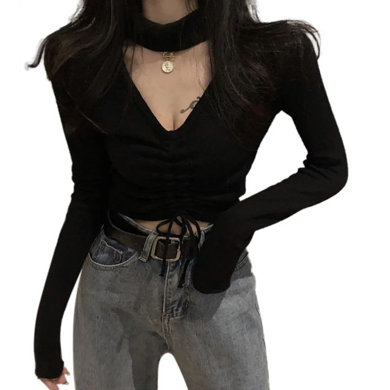 Sexy V Neck Halter Knitted Bottoming Shirt Slim Thin T-Shirts Women Korean Style Crop Top Women's t-shirts
Sexy V Neck Halter Knitted Bottoming Shirt Slim Thin T-Shirts Women Korean Style Crop Top Women's t-shirts