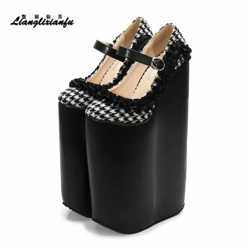 LLXF Catwalk Shows Nightclub Round Toe 30cm High-heeled Bride Shoes woman Stiletto female platforms Wedges Black LACE SM Pumps | Обувь