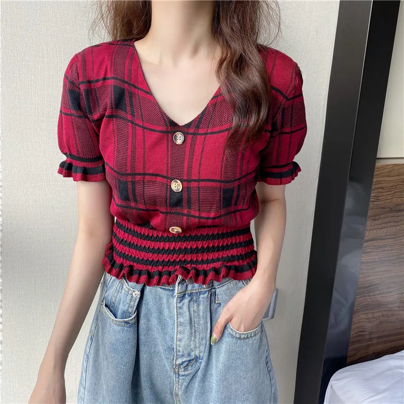Women's V-neck Knitted Thin Sweater Ruched Crop Tops Woman Short Sleeve Plaid Summer Sweaters Pullovers Tee Female
Women's V-neck Knitted Thin Sweater Ruched Crop Tops Woman Short Sleeve Plaid Summer Sweaters Pullovers Tee Female