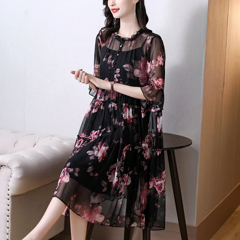 2021Women Casual Vintage Black Print Beach Dresses Spring Autumn Floral Mulberry Silk Midi Dress Elegant Slim Party Vestidos
2021Women Casual Vintage Black Print Beach Dresses Spring Autumn Floral Mulberry Silk Midi Dress Elegant Slim Party Vestidos