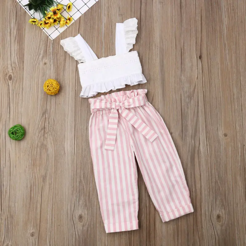 Summer Autumn Girl Clothes Lace Strap Ruffle Crop Tops Striped Long Pants 2Pcs Toddler Outfits Kids Fashion Clothes Set
Summer Autumn Girl Clothes Lace Strap Ruffle Crop Tops Striped Long Pants 2Pcs Toddler Outfits Kids Fashion Clothes Set
