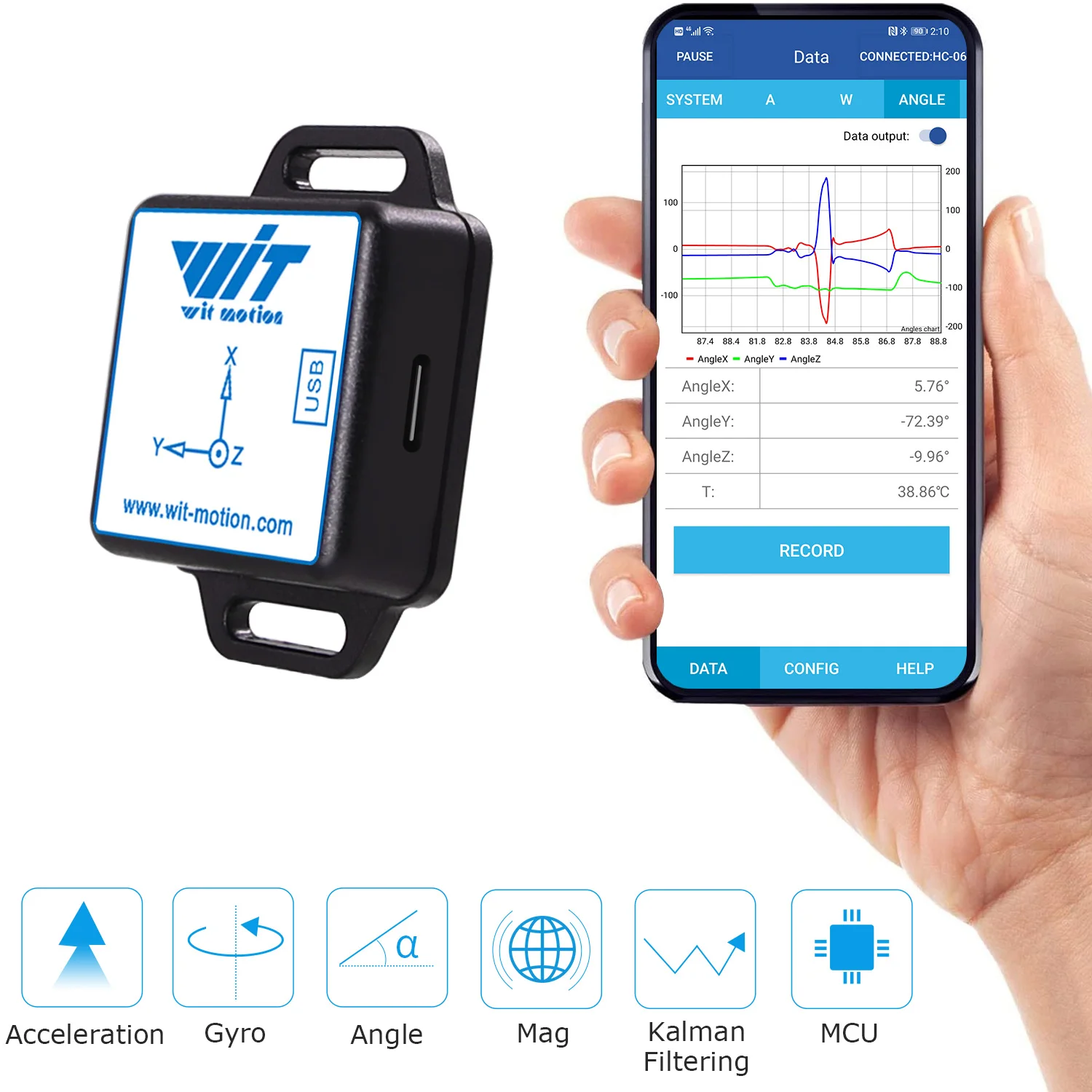 Акселерометр Bluetooth BWT901CL 200 Гц MPU9250 AHRS 9-осевой гироскоп + угол (точность XY 0 05 °)