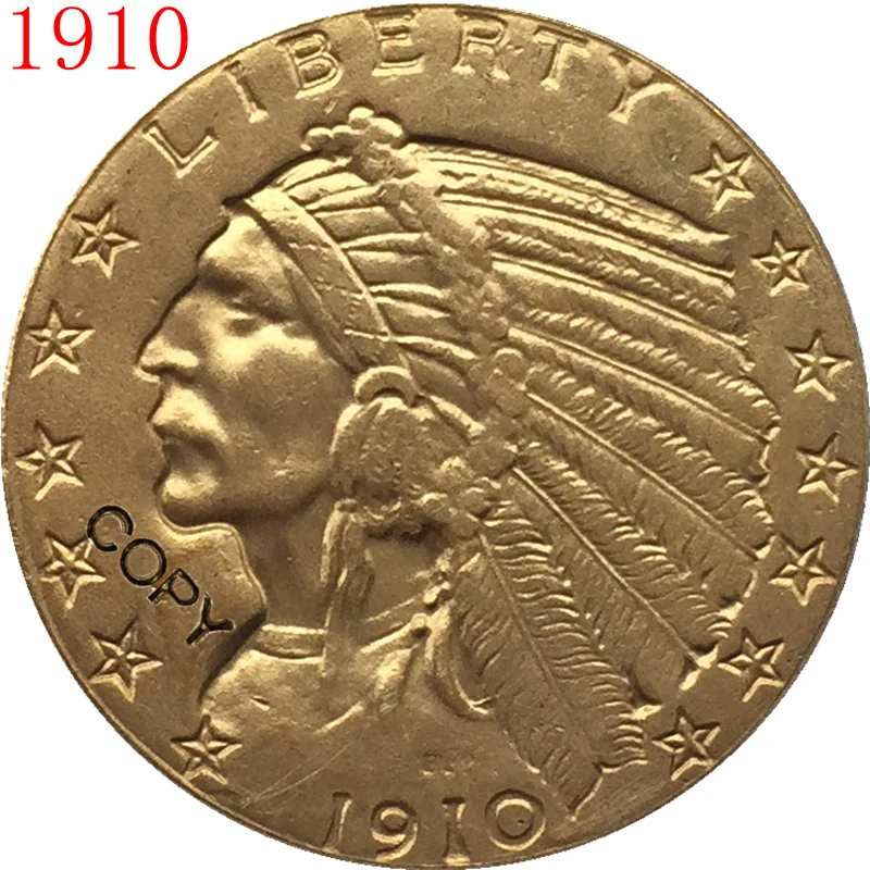24-каратное позолоченное золото 1910, 5 долларов, копия индийской половины монеты орла
24-каратное позолоченное золото 1910, 5 долларов, копия индийской половины монеты орла