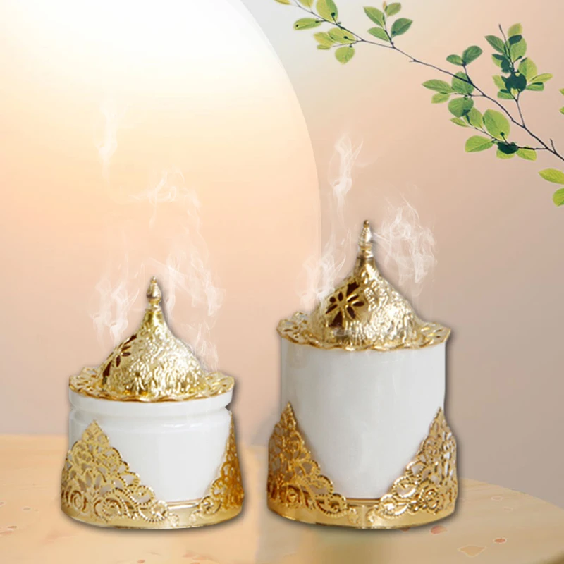 European Ceramics Incense Burner Metal Incense Cones Holder Arabic Essential Oil Aroma Burner for Study Bar Hotel Yoga Studio 
European Ceramics Incense Burner Metal Incense Cones Holder Arabic Essential Oil Aroma Burner for Study Bar Hotel Yoga Studio