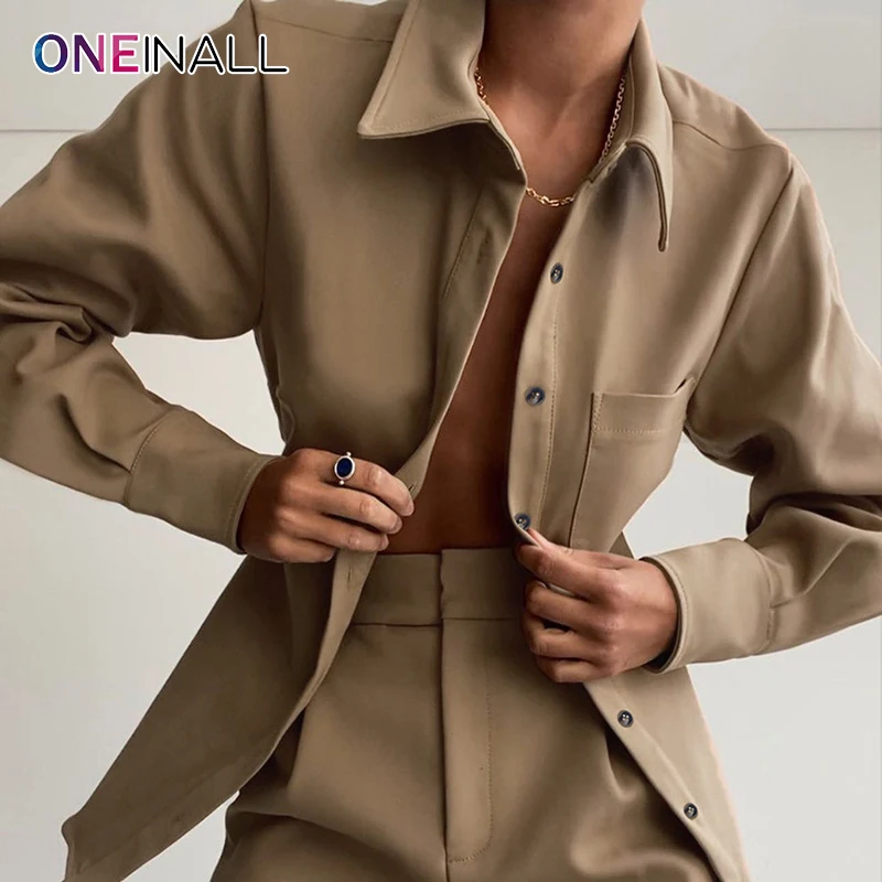 Женская однотонная блузка ONEINALL, цвета хаки, повседневная, на пуговицах, с отворотом, с длинным рукавом, Минималистичная, 2021
Женская однотонная блузка ONEINALL, цвета хаки, повседневная, на пуговицах, с отворотом, с длинным рукавом, Минималистичная, 2021