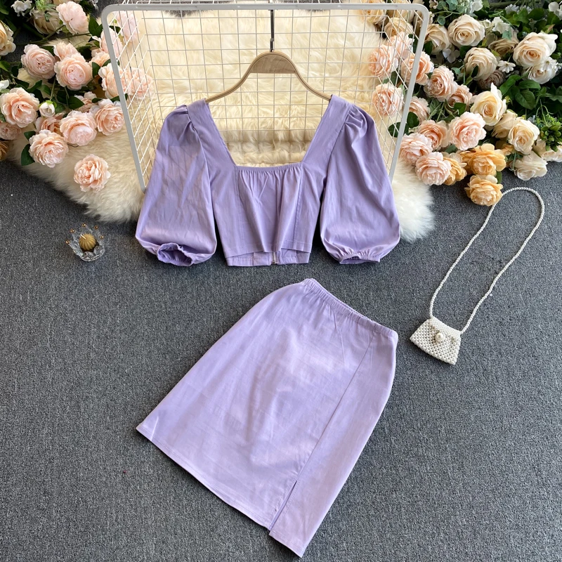 French retro small square neck bubble sleeve short top high waist slim skirt girl's age reducing suit
French retro small square neck bubble sleeve short top high waist slim skirt girl's age reducing suit