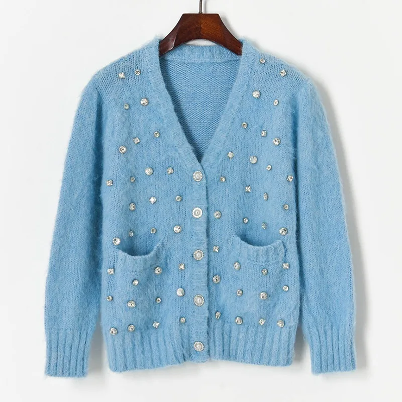 Runway Sweater Cardian 2021 Vintage V Neck Puff Sleeve Women DIamond Beaded Blue Cardigan Knitted Jersey Jacket
Runway Sweater Cardian 2021 Vintage V Neck Puff Sleeve Women DIamond Beaded Blue Cardigan Knitted Jersey Jacket
