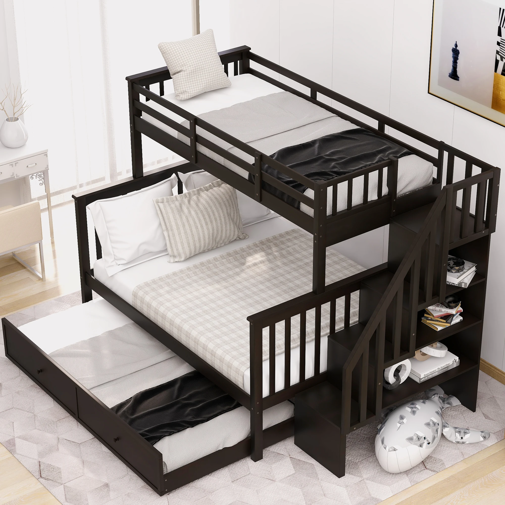 "Stairway Twin-Over-Full Bunk Bed with Twin size Trundle, Storage and Guard Rail for Bedroom, Dorm, for Kids, Adults, Espresso c
"Stairway Twin-Over-Full Bunk Bed with Twin size Trundle, Storage and Guard Rail for Bedroom, Dorm, for Kids, Adults, Espresso c