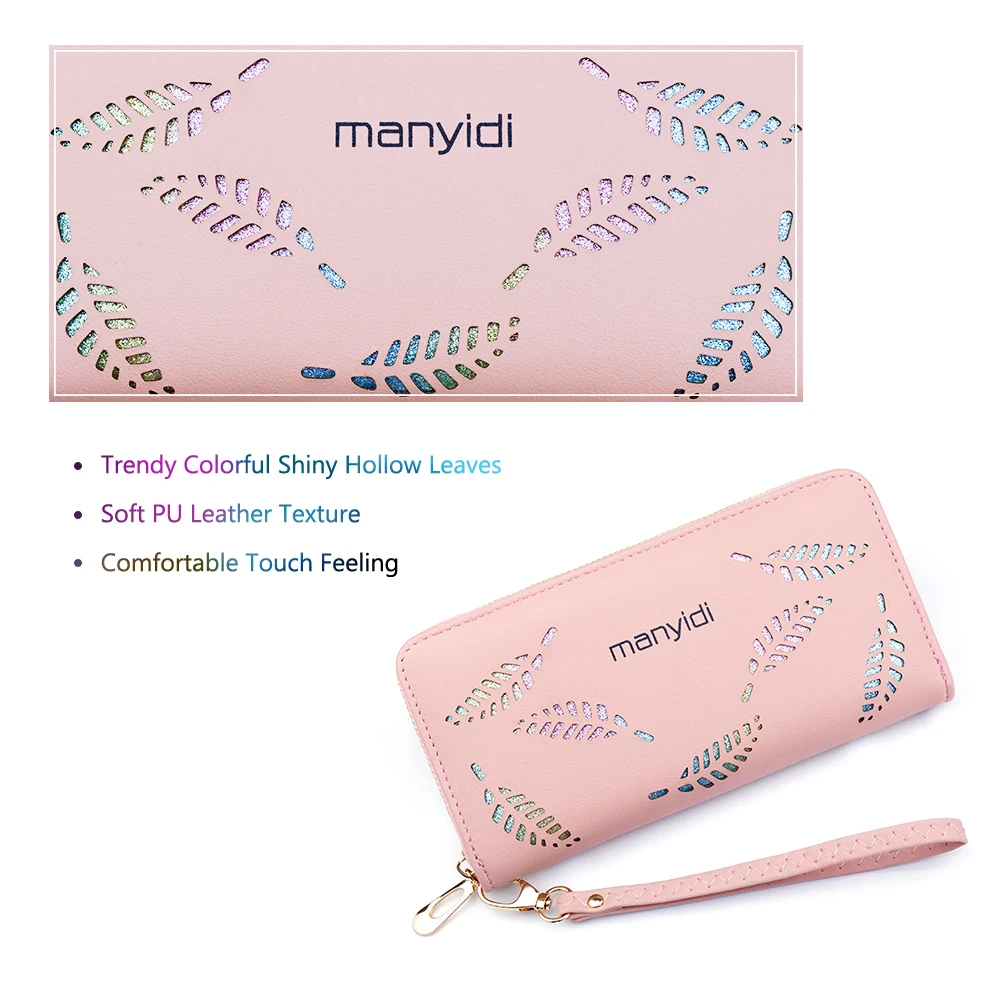 Long Zip Hollow Colorful Leaves RFID Women Purse Zipper Coin-Pocket 8 Card Slots Cellphone Open Pocket PU Leather Clutch Wallet | Багаж и