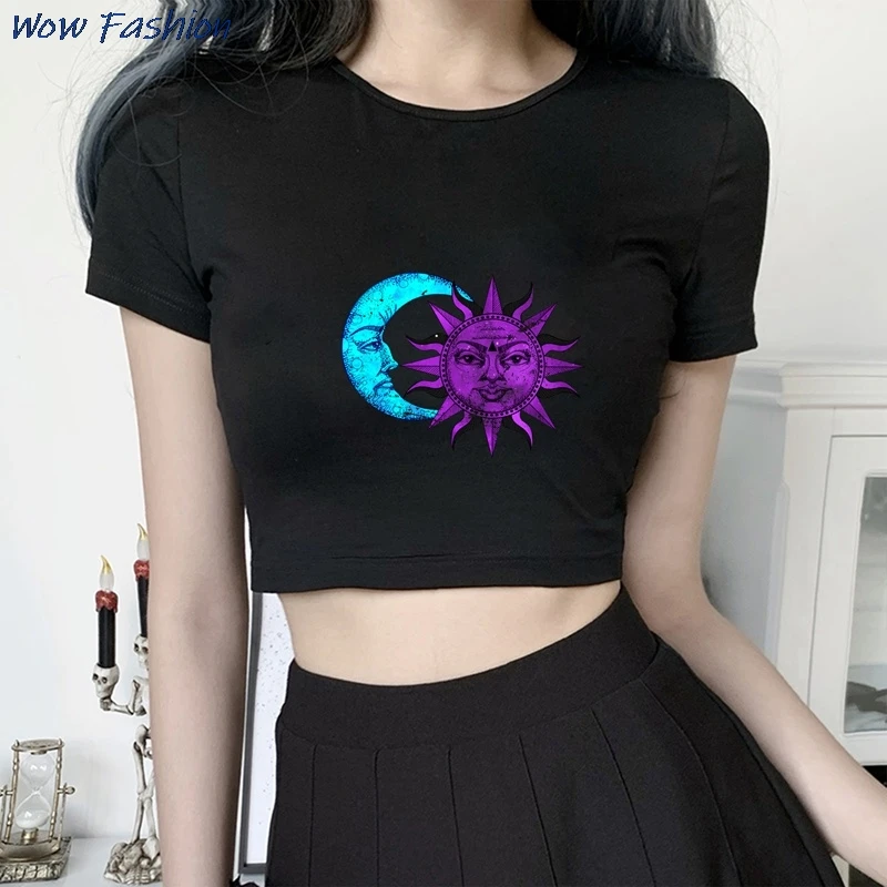 Gothic Moon Star Print Crop Top For Women Casual O-neck Short Sleeve Cropped Tees Sexy Slim Letter Streetwear Black Top
Gothic Moon Star Print Crop Top For Women Casual O-neck Short Sleeve Cropped Tees Sexy Slim Letter Streetwear Black Top