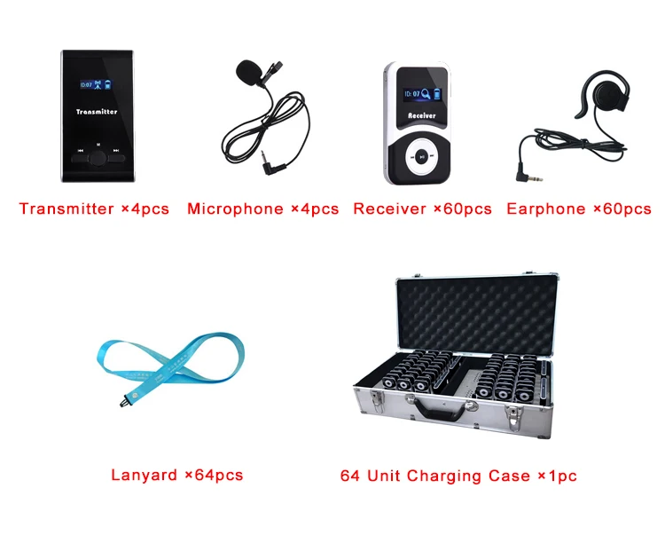 Wireless Audio Guide System ( 4 Transmitters + 60 Receivers +1 Charging case ) simultaneous translation equipment / Tour Device
Wireless Audio Guide System ( 4 Transmitters + 60 Receivers +1 Charging case ) simultaneous translation equipment / Tour Device