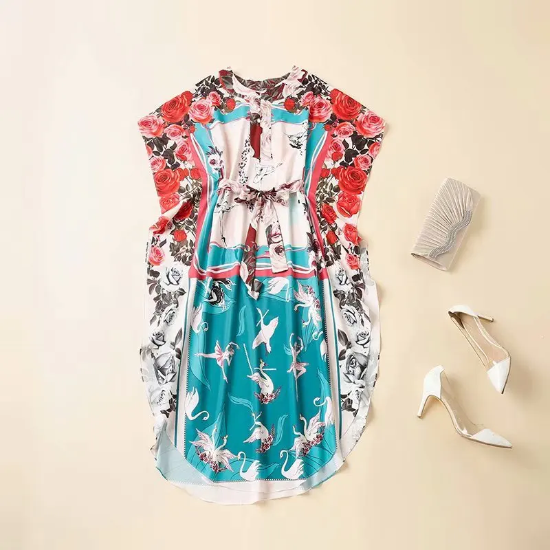 and American women's European wear 2021 summer new style Bat sleeve rose print lace-up Fashionable loose dress
and American women's European wear 2021 summer new style Bat sleeve rose print lace-up Fashionable loose dress